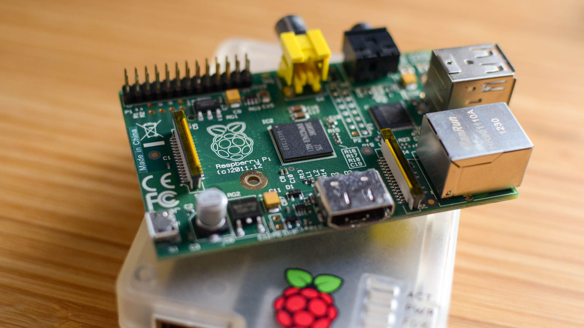 Raspberry Pi on its storage case.