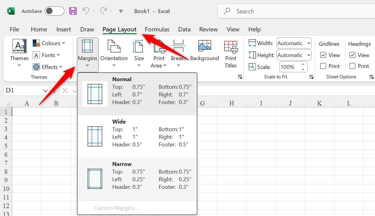 Changing the page margins in Excel.