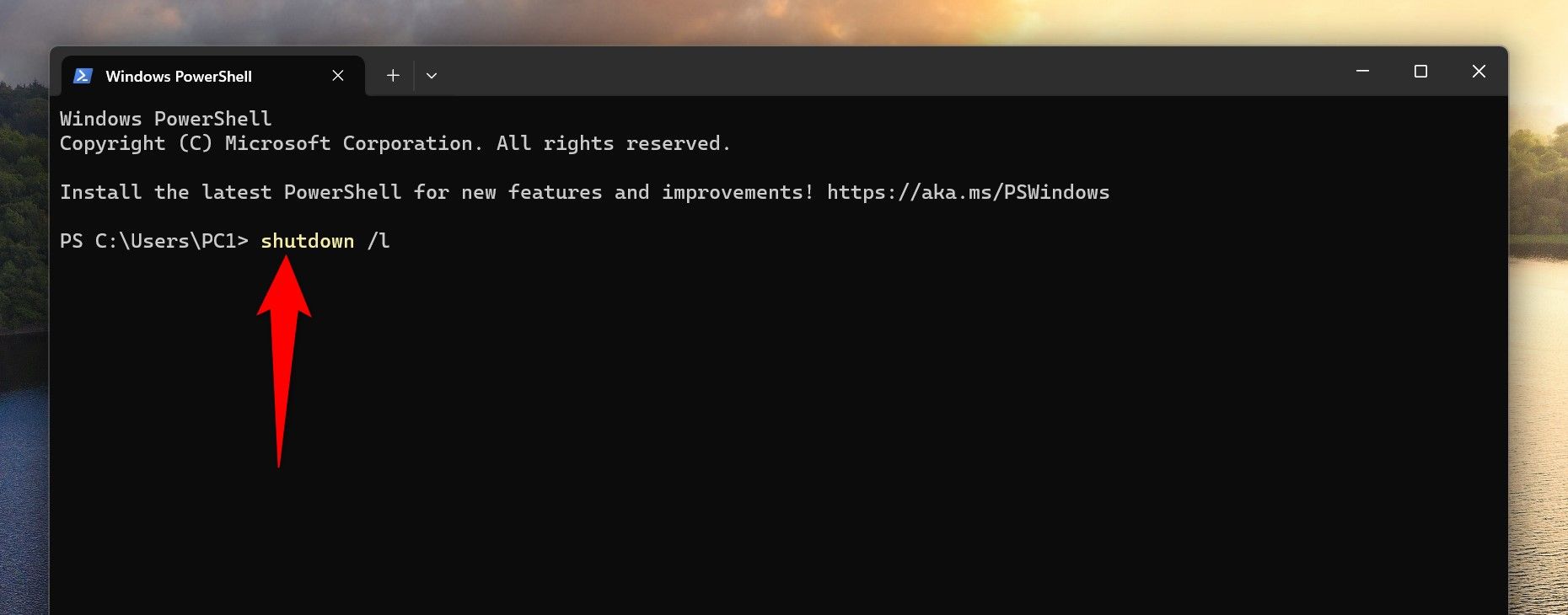 The 'shutdown /l' command typed in PowerShell.