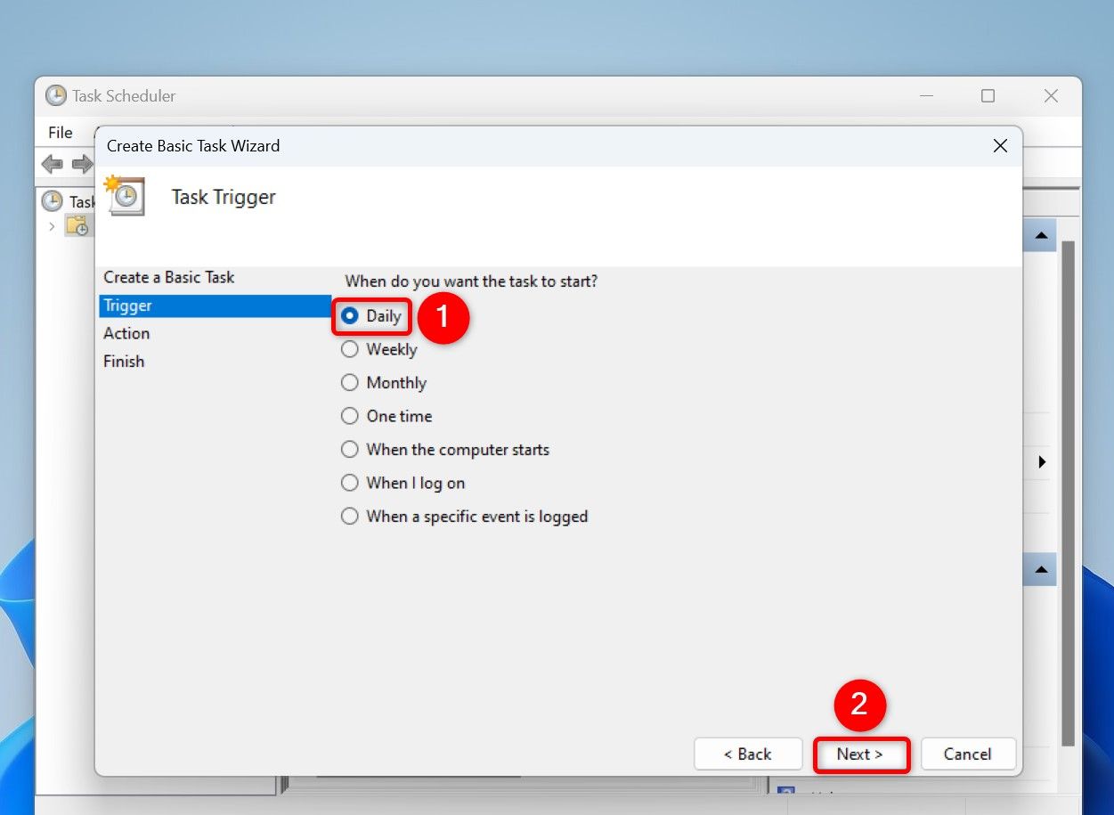 'Daily' and 'Next' highlighted in Task Scheduler.