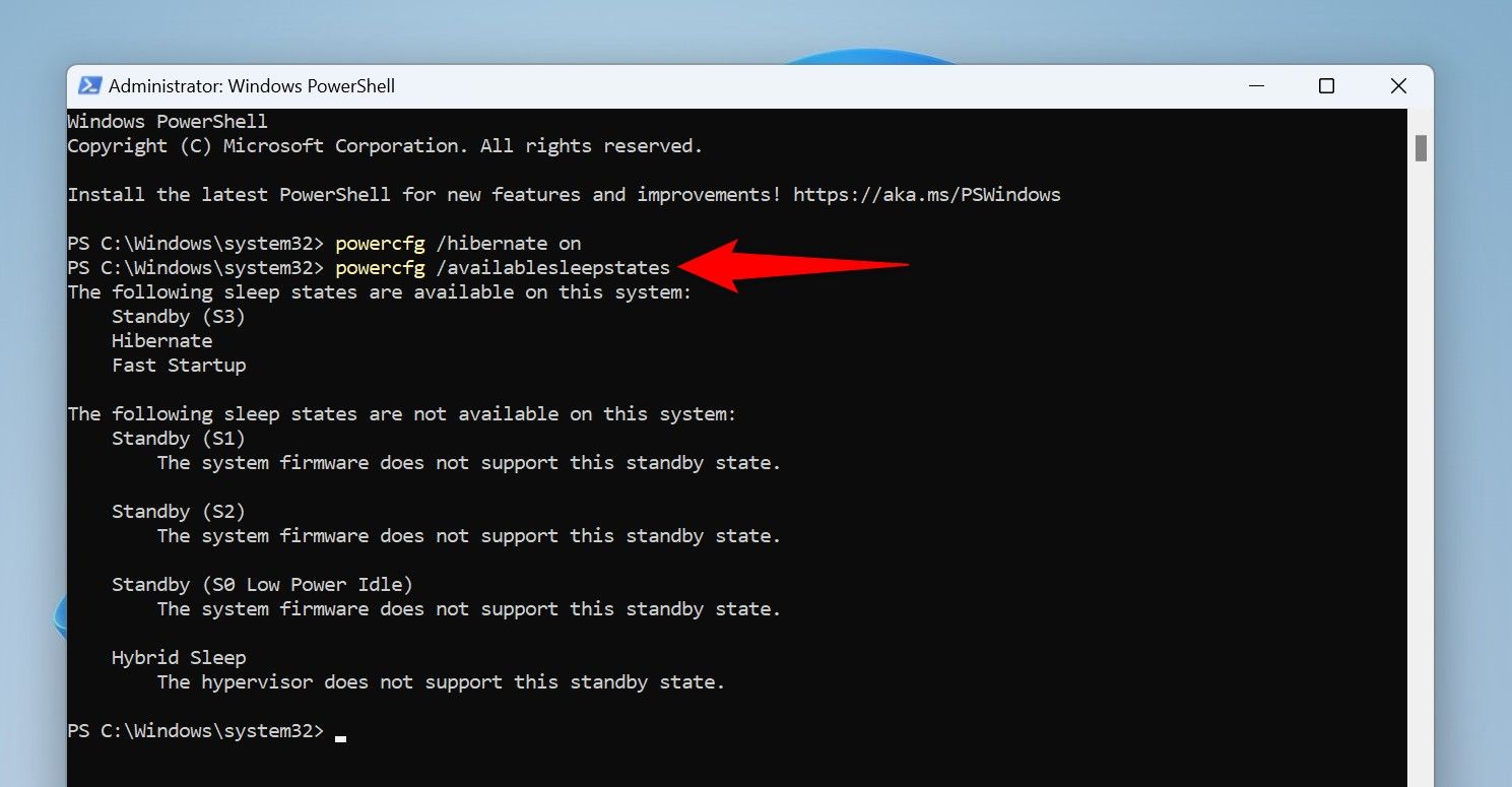 The command to check hibernation status typed in PowerShell.