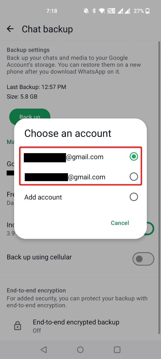 'Choose an Account' prompt in WhatsApp Settings.