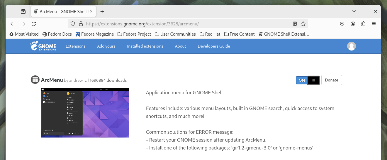 The ArcMenu page on the GNOME extensions website.