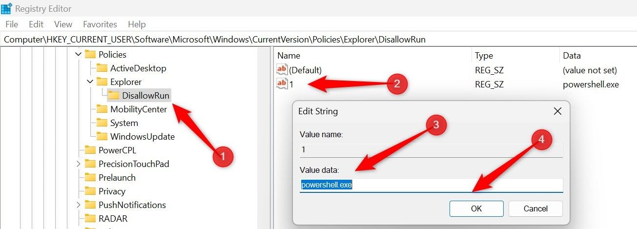 Creating a String Value named as '1' in the DisallowRun key in the Registry Editor on Windows.