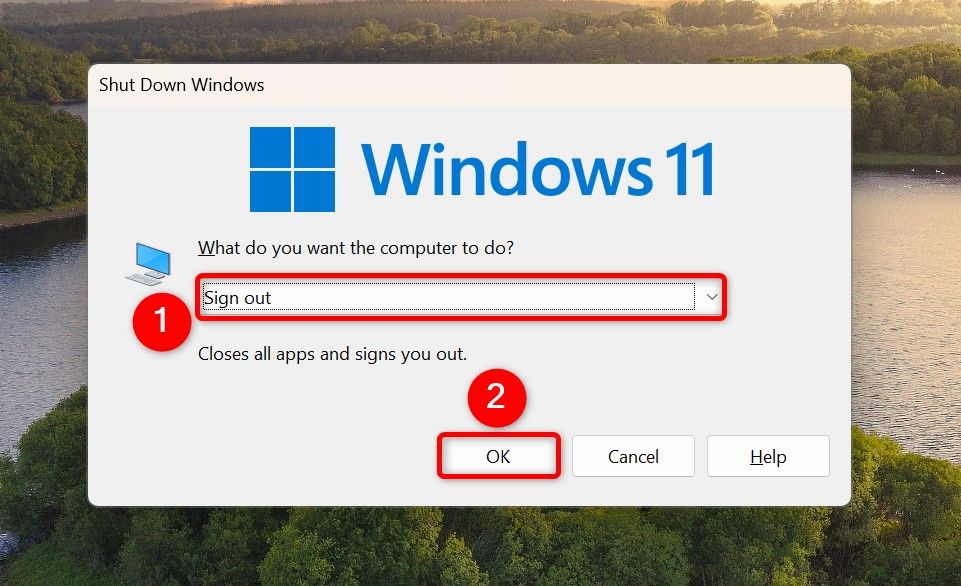 'Sign Out' and 'OK' highlighted on the Shut Down Windows dialog box.