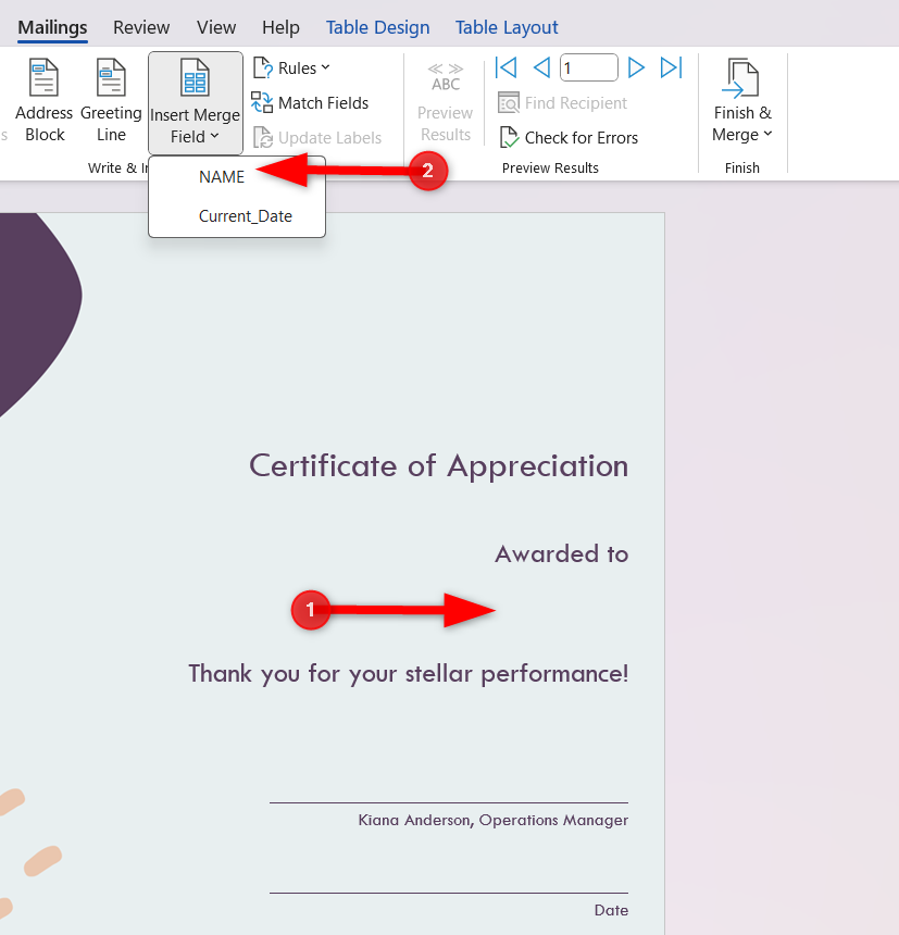 Insert data from the Excel list to the specified location using the 'Insert Merge Field' option.