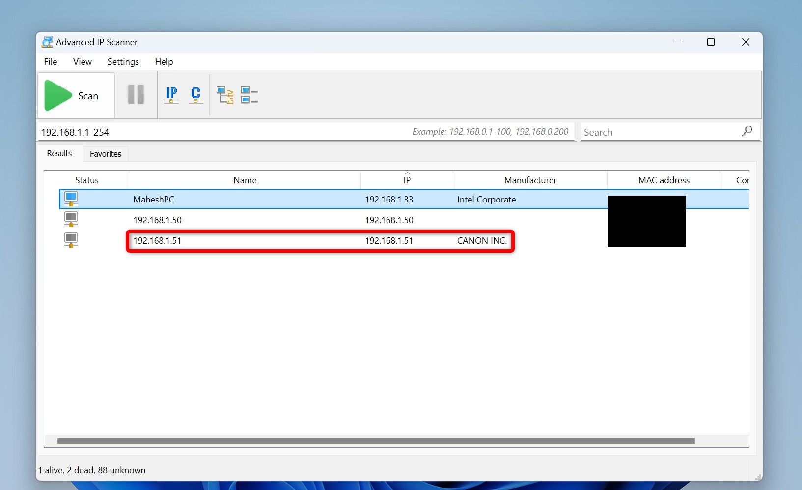 A wireless printer highlighted in Advanced IP Scanner.