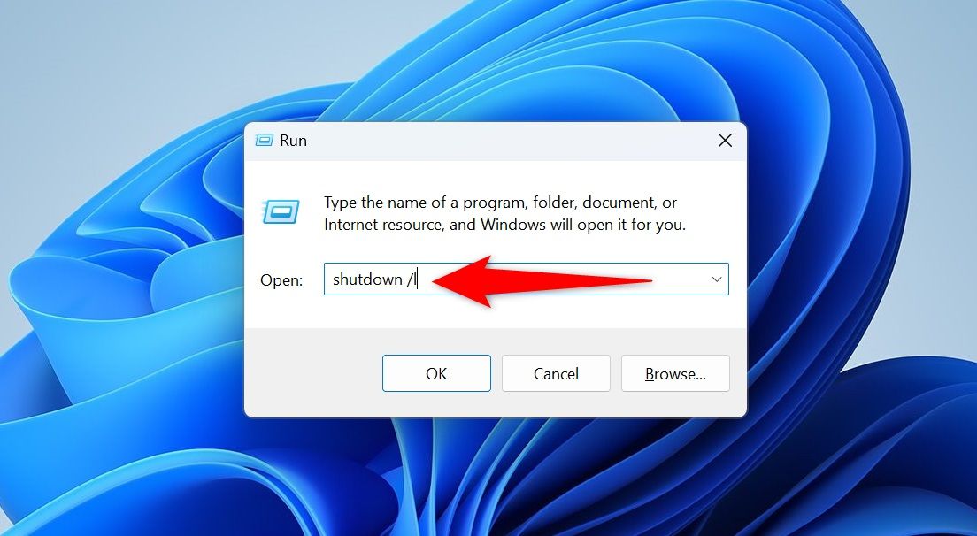 The 'shutdown /l' command typed in Run.