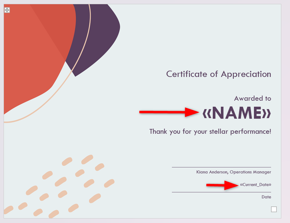 Certificate with merging field specified separator value.