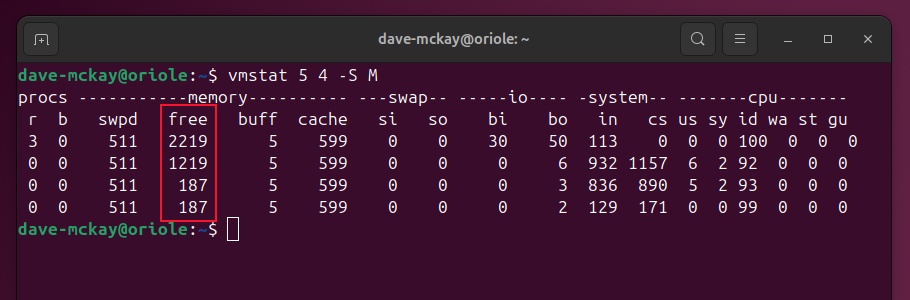 Five sets of output from vmstat showing a decline in available RAM.