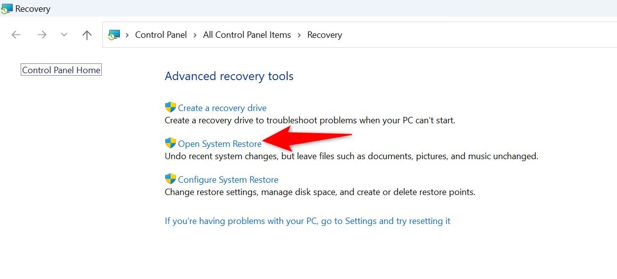 'Open System Restore' highlighted in Control Panel.