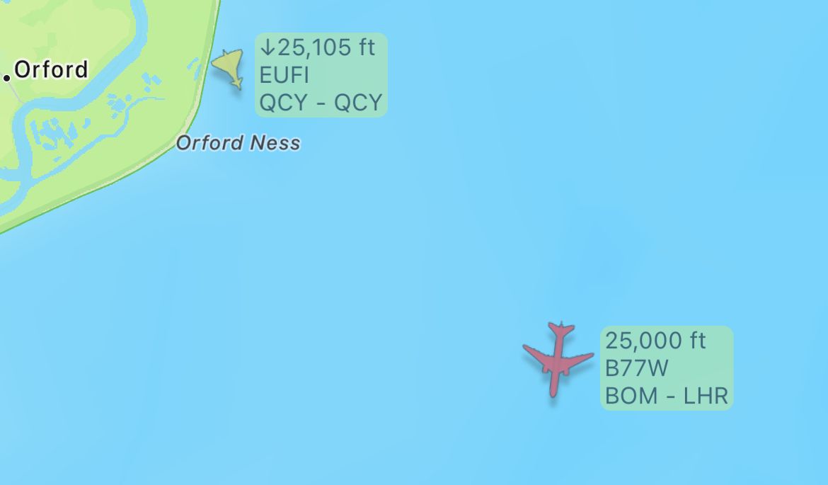 A Boeing 777 and a Eurofighter Typhoon on the Flightradar24 app.