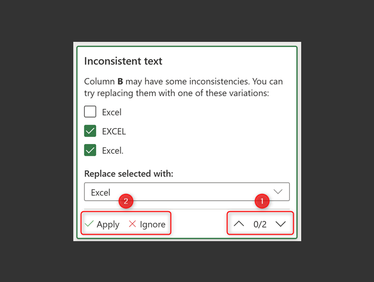 A Copilot dialog box in Excel that makes suggestions for cleaning up text inconsistencies in column B.