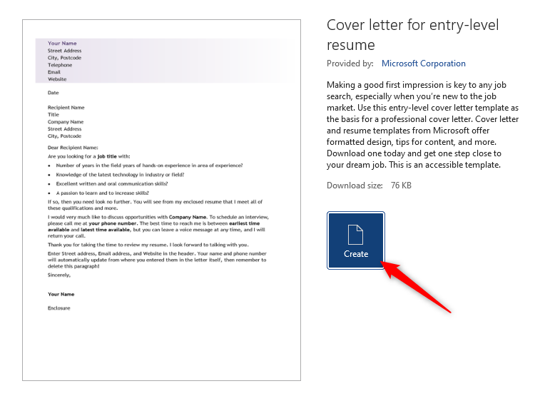 A cover letter template in Microsoft Word, with the Create button selected.