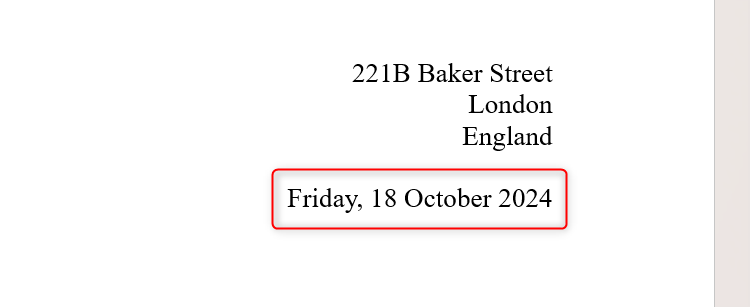 A date in a Microsoft Word letter, entered through the program's Date And Time function.