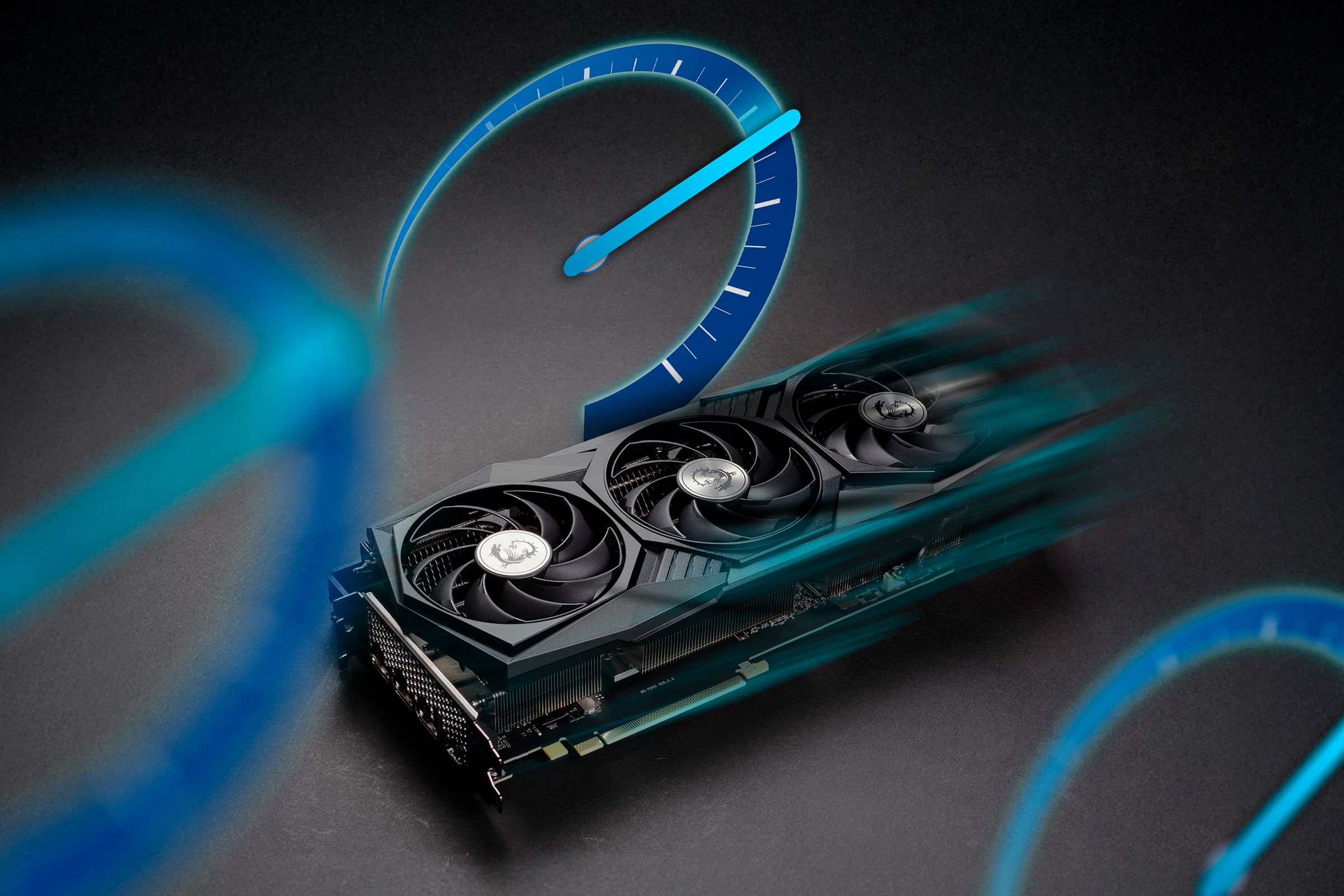 A GPU with motion blur indicating speed and a gauge beside it.