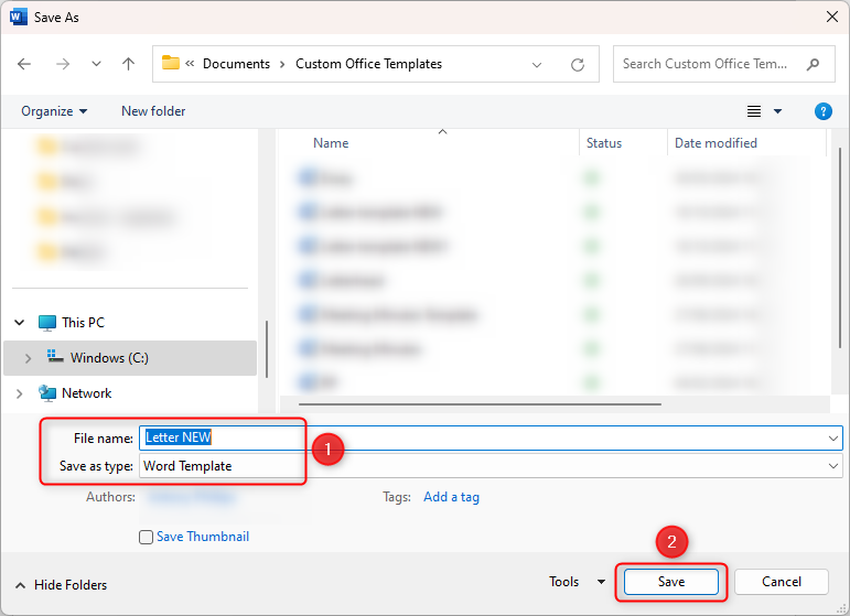 A letter being saved as a template in Microsoft Word.