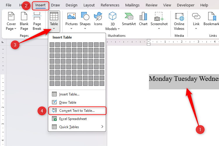 A line of text selected in Microsoft Word, and the Convert Text To Table option in the Insert Tab on the ribbon is highlighted.