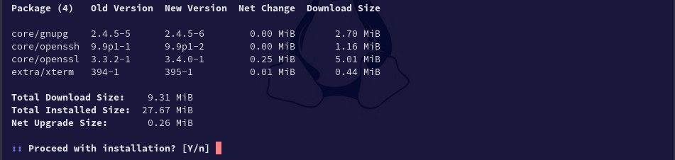 A Linux terminal showing the pacman package manager prompting to begin an upgrade.