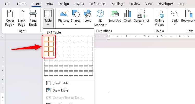 A Microsoft Word document with a 2 x 4 table added.