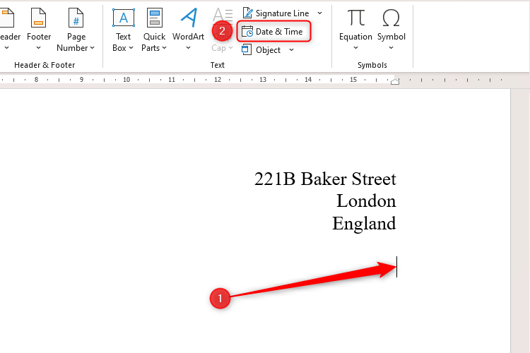 A Microsoft Word document with the Date And Time icon in the Text group of the Insert tab selected.