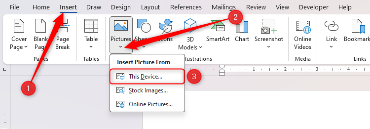 A Microsoft Word document, with the Pictures menu opened on the Insert tab, and This Device selected.