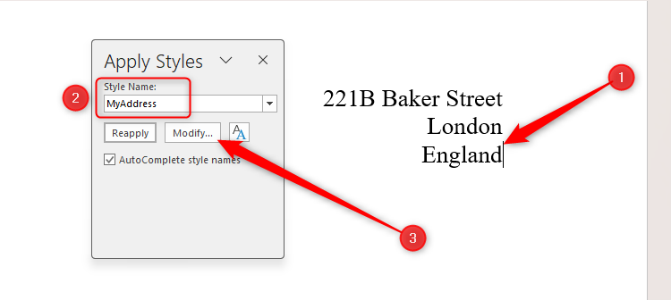 A modified style in Microsoft Word named MyAddress.