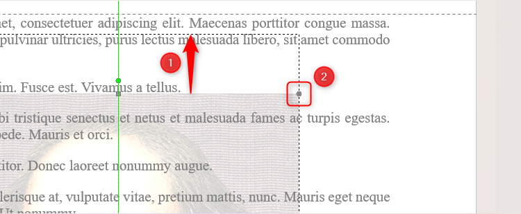 A picture watermark in Microsoft Word is being clicked and dragged upwards. The top-right resize handle is also highlighted.