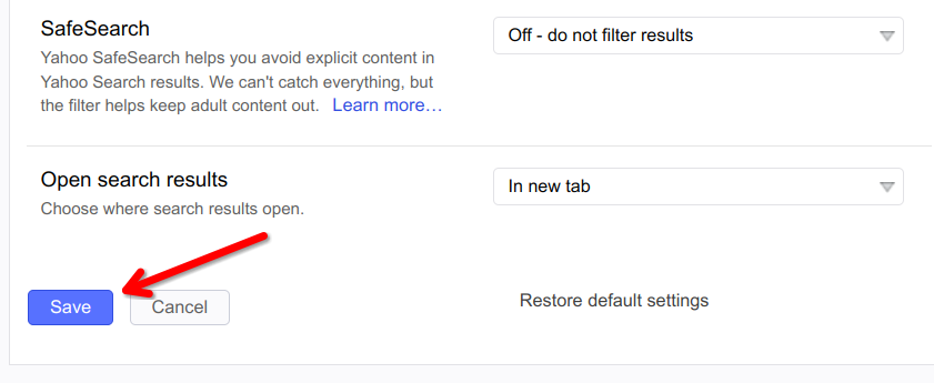 A red arrow pointing to the 'Save' button in Yahoo's search settings.