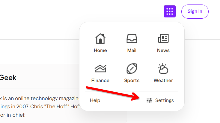 A red arrow pointing to the 'Settings' button in Yahoo's menu options.