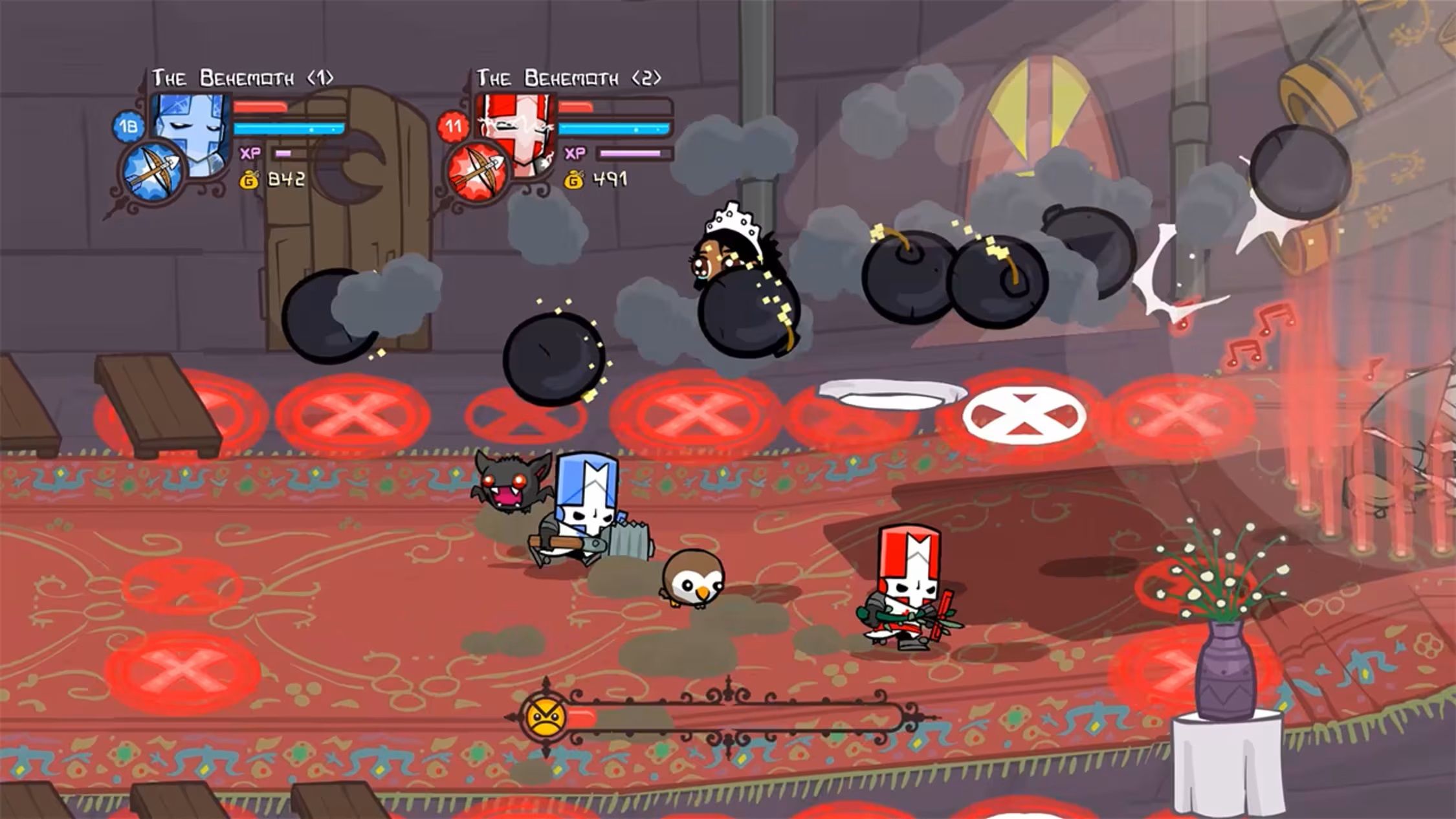 A scene from Castle Crashers showing complete mayhem on screen.