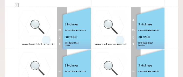 A Sherlock Holmes business card made using Word's templates.