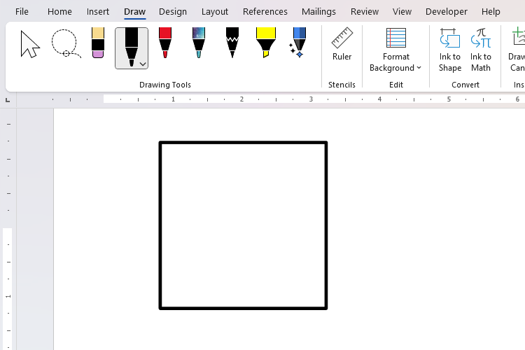 A square in Microsoft Word, created through the draw and hold tool.