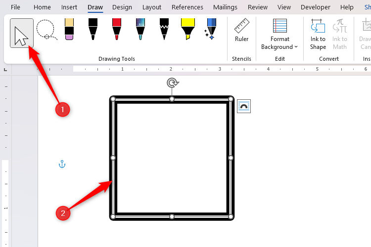 Um quadrado no Microsoft Word selecionado, após a ferramenta Selecionar ser ativada.