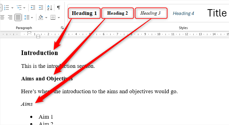 A Word document containing three headings, each assigned to their own heading style in the Style Gallery.