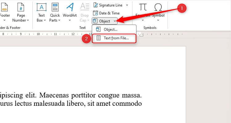 A Word document, with the Object drop-down activated, and the Text From File option selected.