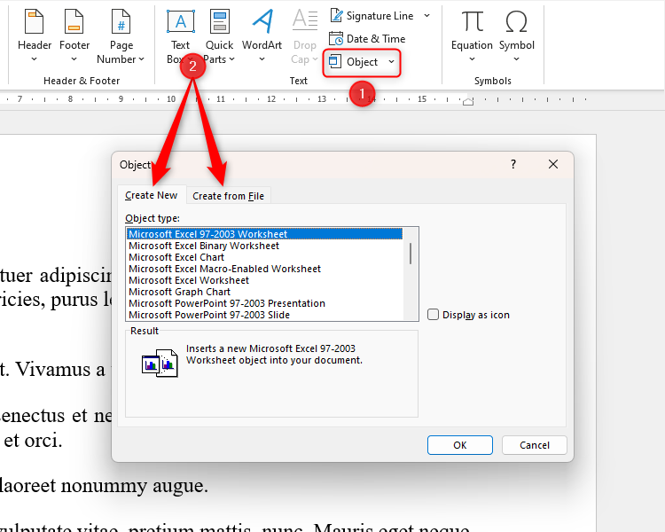 A Word document, with the Object icon selected, and two arrows highlighting the two tabs in the Object dialog box.