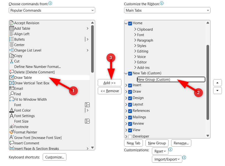 Adding command to custom group in Microsoft Customize Ribbon section.