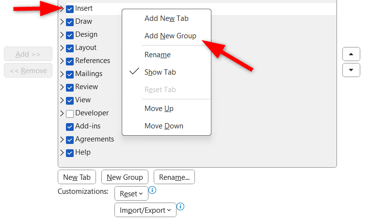 Adding group to existing tabs in Microsoft Word Ribbon customize Options window.