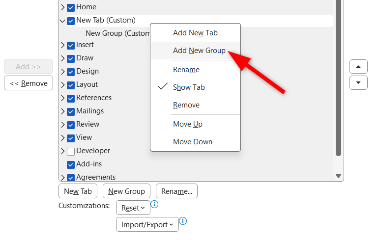 Adding new group to existing custom tab in Microsoft Word Ribbon customize menu.