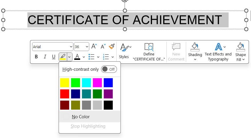 Adjusting font style, size, and alignment of title of certificate.