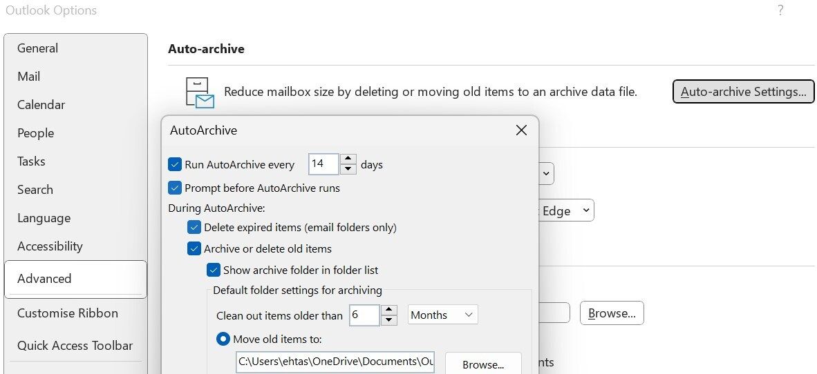 Adjusting the autoarchive settings in Outlook.