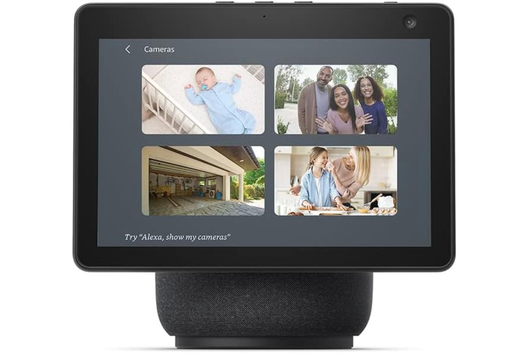 An amazon echo show 10 with multiple video feeds including a video doorbell.