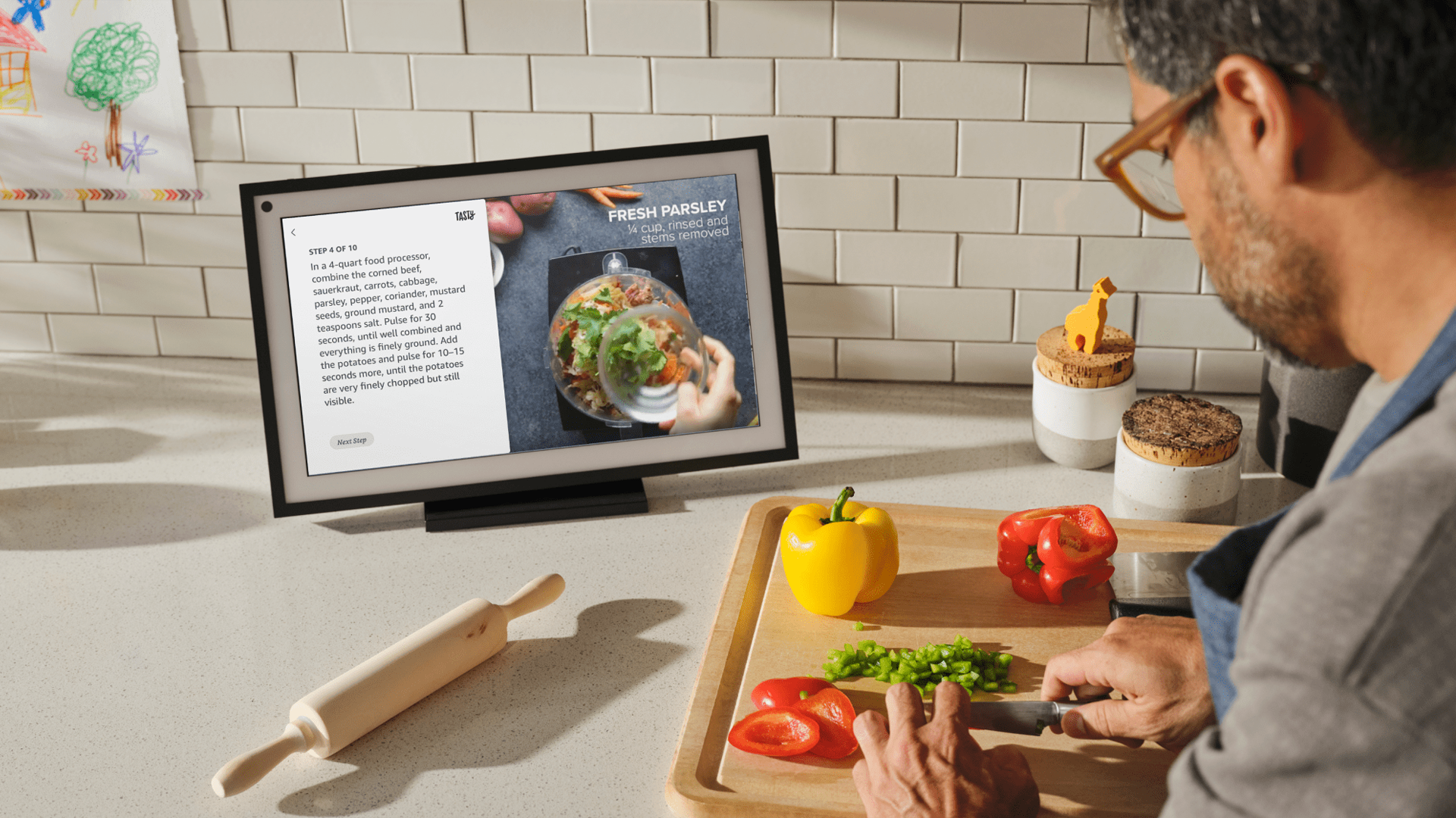 Amazon Echo Show with a recipe on the screen.