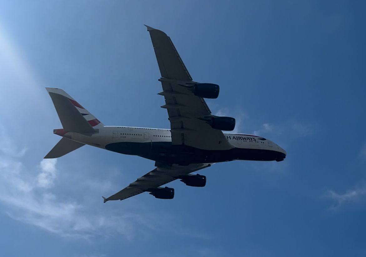 An Airbus A380 taking off at London Heathrow airport.