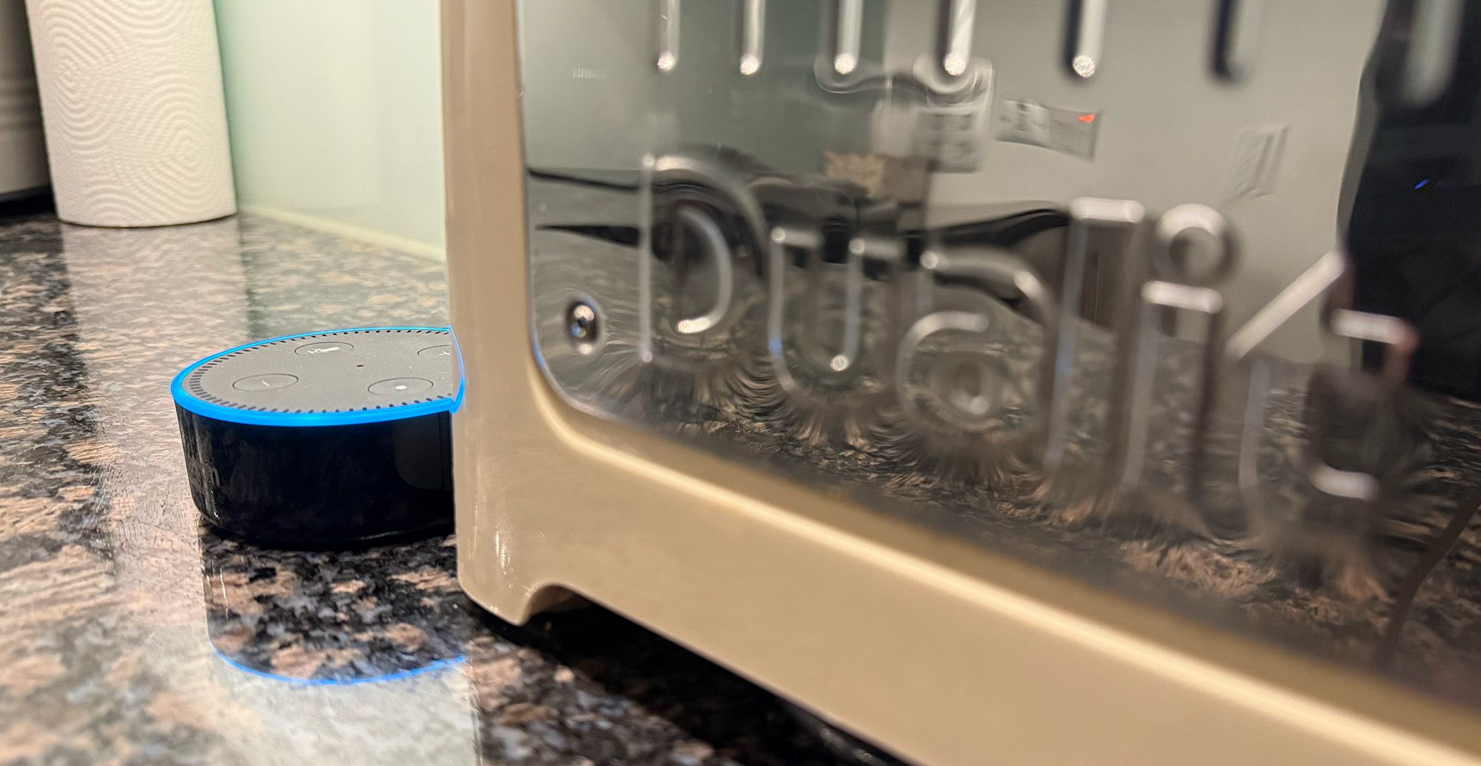 An Amazon Echo speaker in my kitchen for shopping orders.