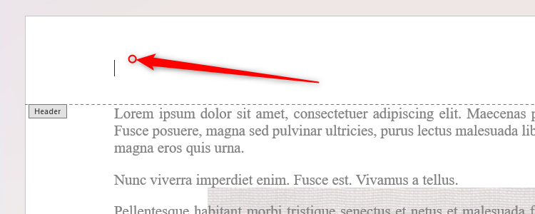 An arrow indicating where to double-click in Microsoft Word to activate the Header area.