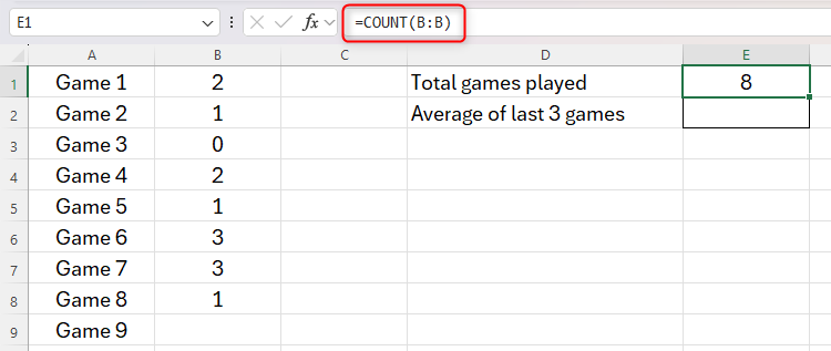 An Excel sheet containing the COUNT function to count the number of cells containing numbers in column B.