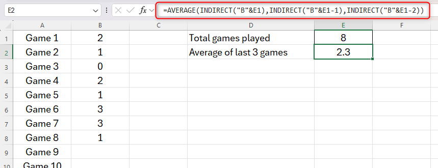 An Excel sheet containing three INDIRECT references within an AVERAGE calculation.