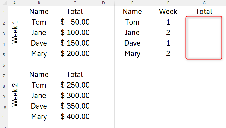 An Excel sheet containing two data tables and one lookup table, with the blank cells in column G highlighted as the cells to be populated